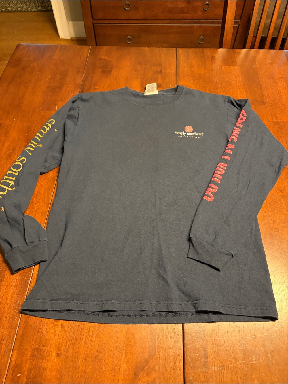 Simply Southern Navy Long Sleeve Tee with Pink & Gold Sleeve Graphics